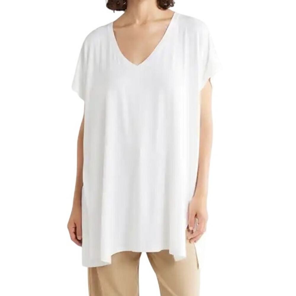 Eileen Fisher L NWT White Lagenlook Swing Tunic V Neck Tencel Top Minimalist